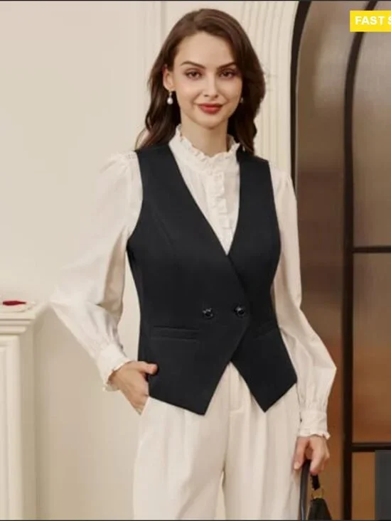 Sleeveless V-Neck Waistcoat Vest Lightweight Business Casual Adjustable Back - Picture 4 of 7